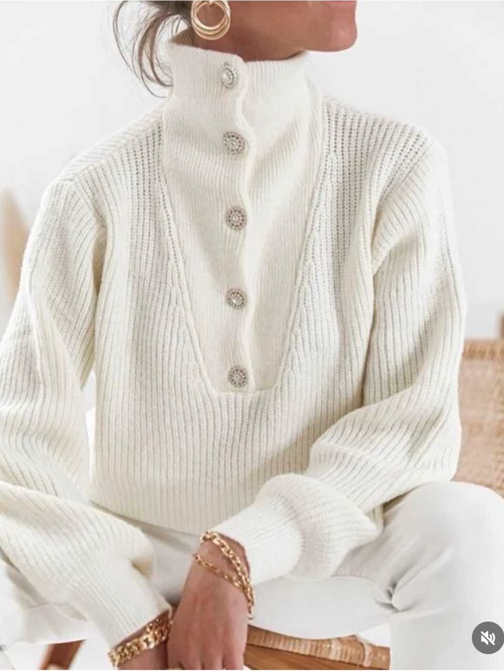 Crown & Ivy Ivory Mock Neck Sweater XL Rhinestone Button Soft Ribbed Pullover